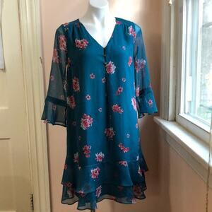 A pea in the pod Deep Green Floral Midi Dress Small 3/4 Sleeve Lined Ruffle